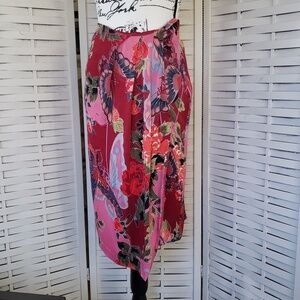 Anthropologie Floral Wrap Skirt with Red and Pink Accents
